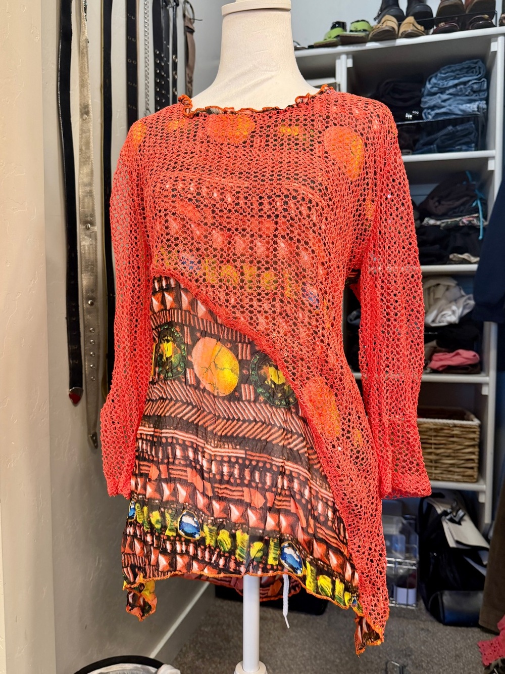 Adore Coral Orange Crochet Overlay Tunic with Patterned Slip